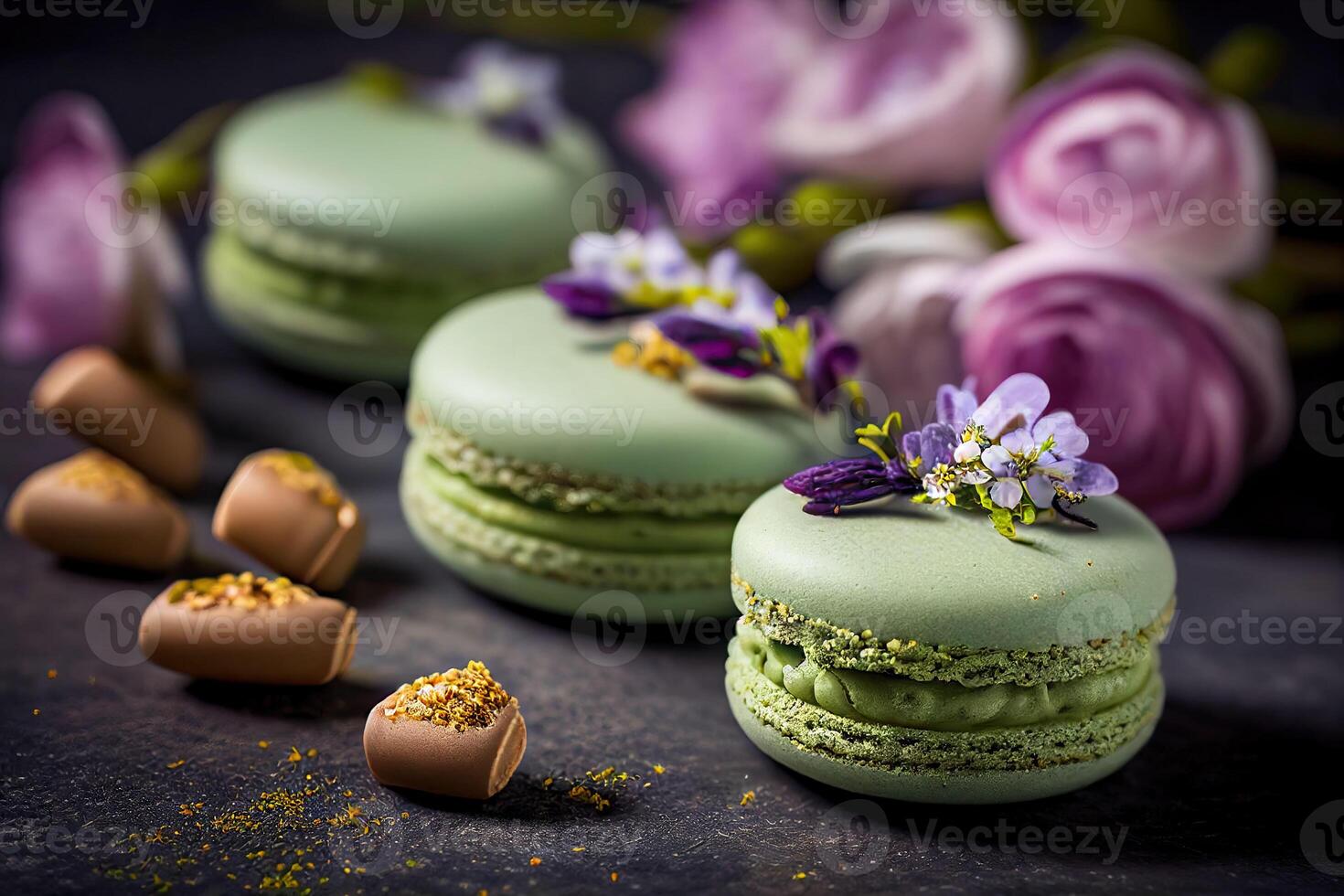 Traditional french cookie macaron with pistachio flavor. Small French cakes. Sweet green french macarons. photo