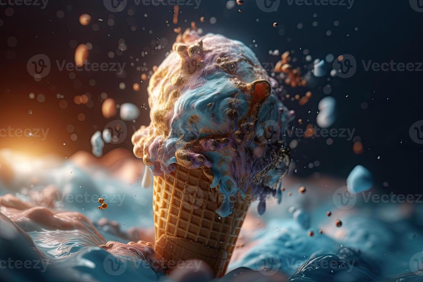 Ice cream with colorful toppings and pieces of sprinkles. Ice cream cone close-up. photo