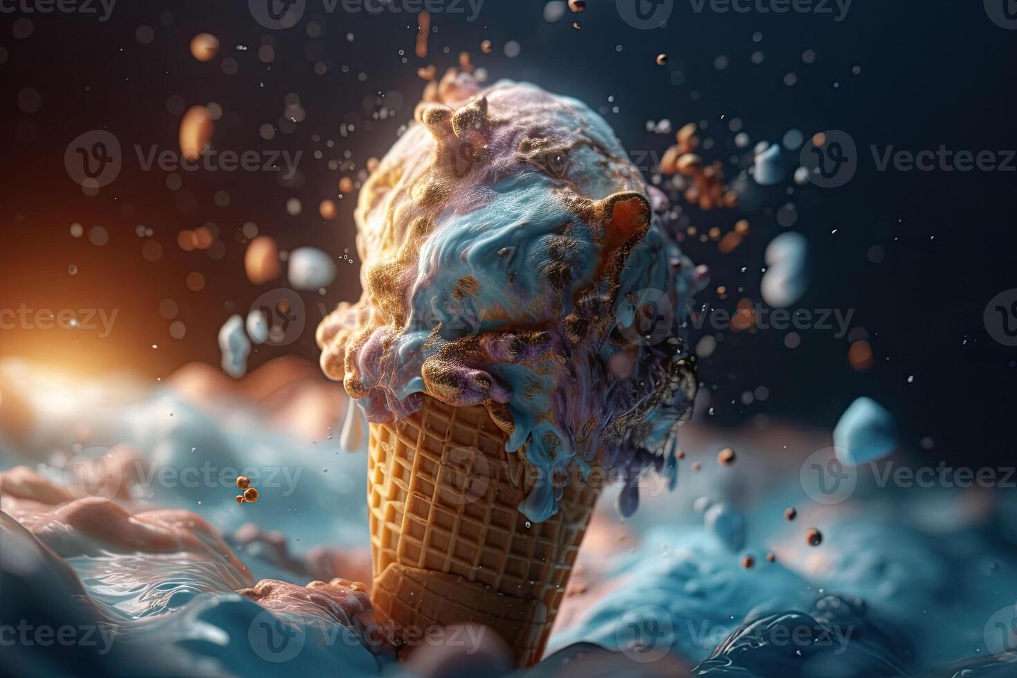 Ice cream with colorful toppings and pieces of sprinkles. Ice cream cone close-up. Generative AI photo