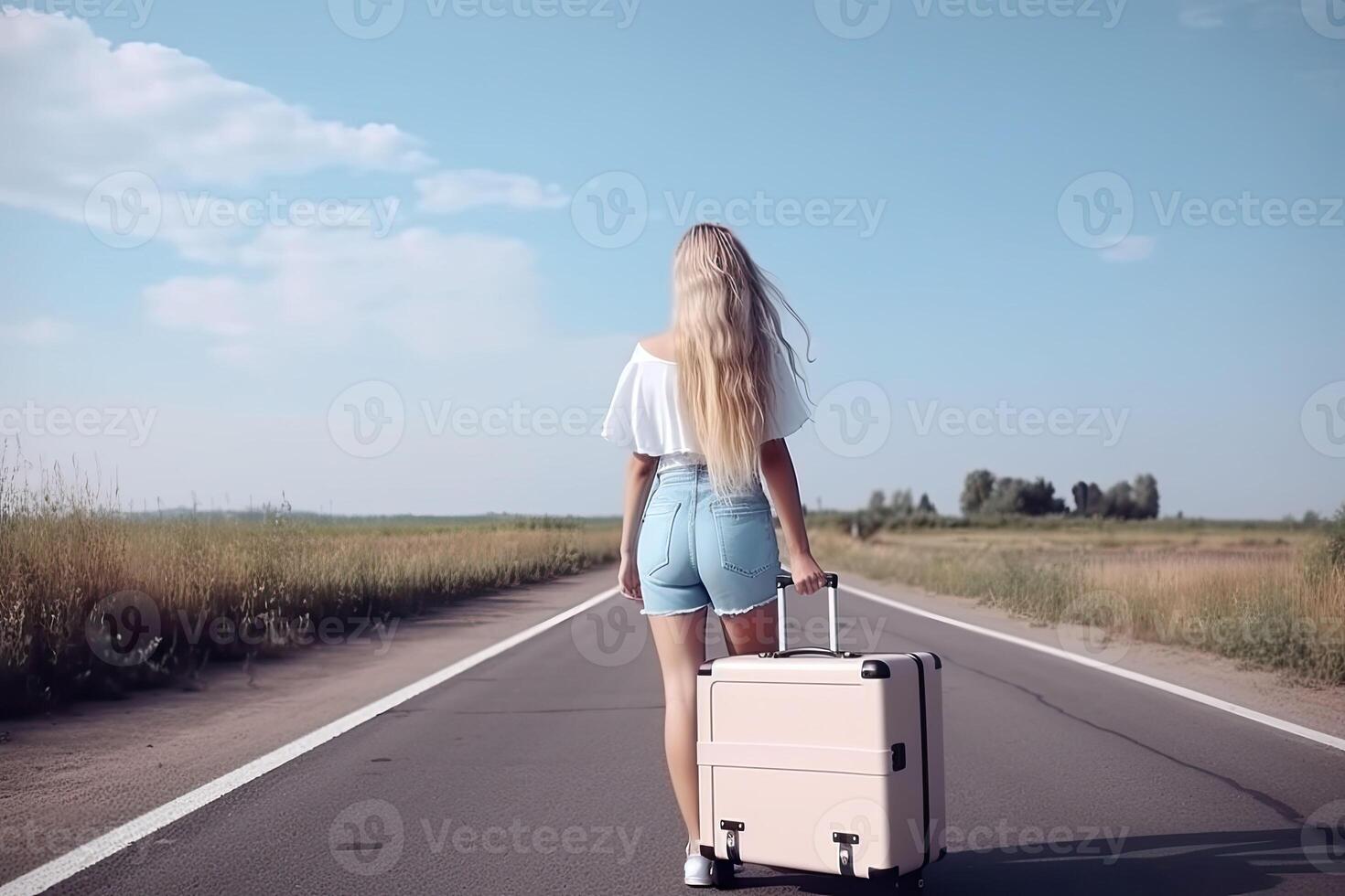Beautiful millennial woman in casual wear hitchhiking on roadside. Adventure and tourism concept. Generative AI photo