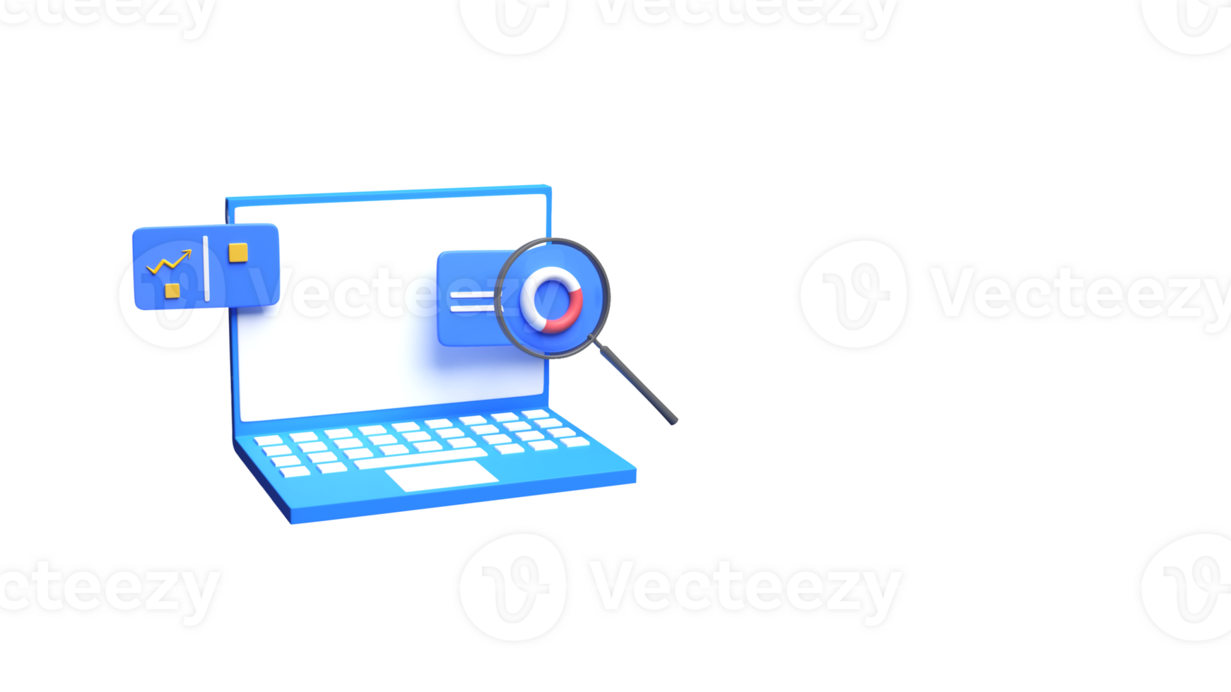 3D Render of Laptop Screen With Magnifying Glass, Infographic Diagram. png