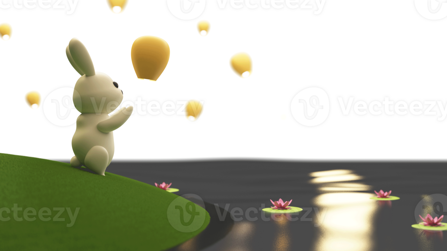 3D Render of Cute Bunny Character With Illuminated Lanterns, Full Moon, Lotus Flowers. png