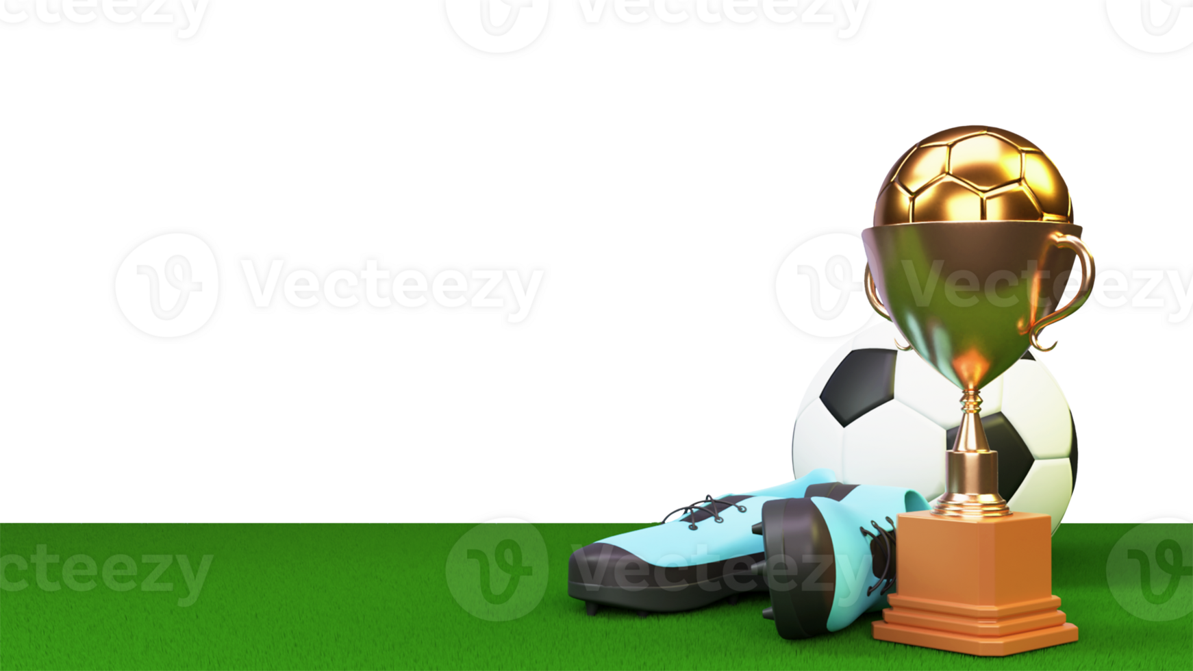 3D Rendering of Golden Winning Trophy Cup With Soccer Ball, Sports Shoe. png