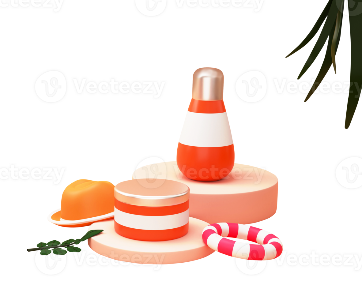 3D Rendering Tiffin With Bottle, Lifebuoy, Fedora Hat Over Podium And Leaves png