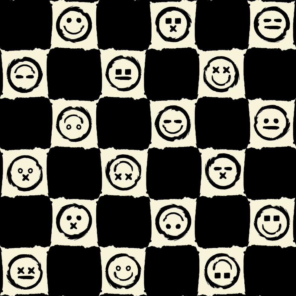 Grunge Chessboard Smiles Seamless Pattern vector