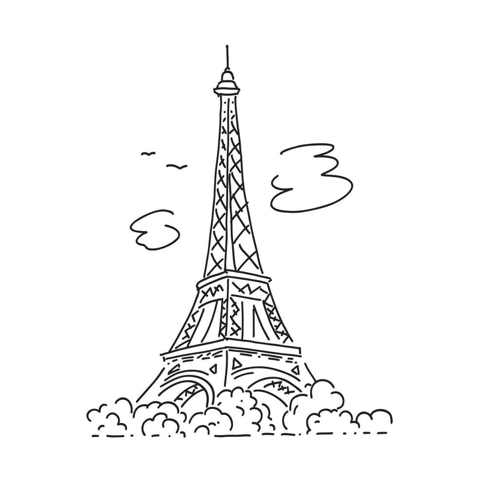 Eiffel tower in Paris on a white background. Landmark of Paris. Vector linear illustration. Doodle style