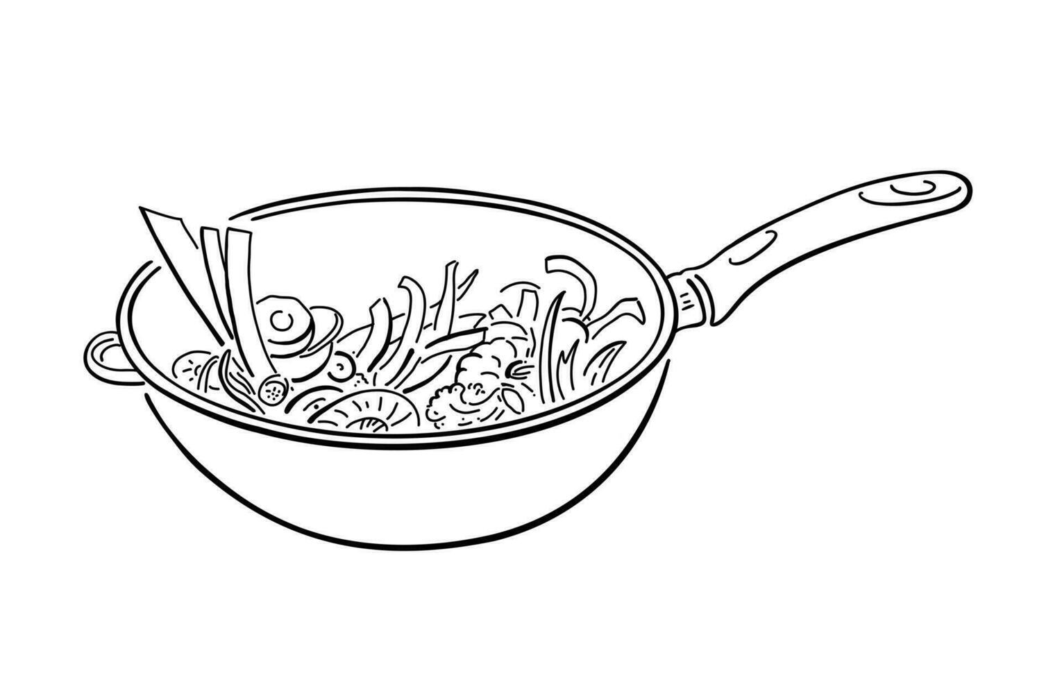 fritura pan con alimento. wok plato. asiático, europeo plato. vector ilustración aislado en blanco antecedentes en garabatear estilo, icono