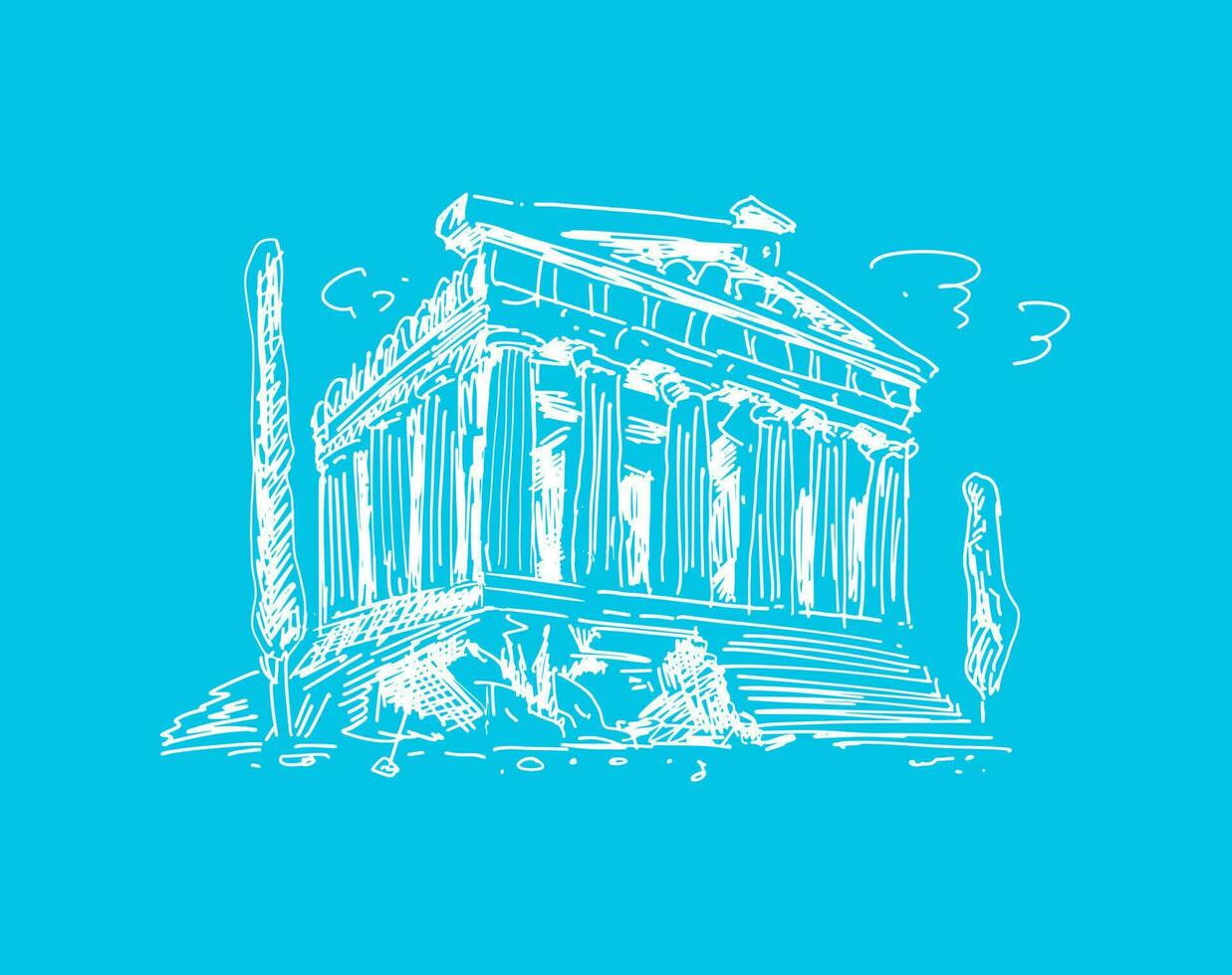 Acropolis in Athens. Landmark in Greece. Vector hand drawn illustration isolated on color background. Sketch