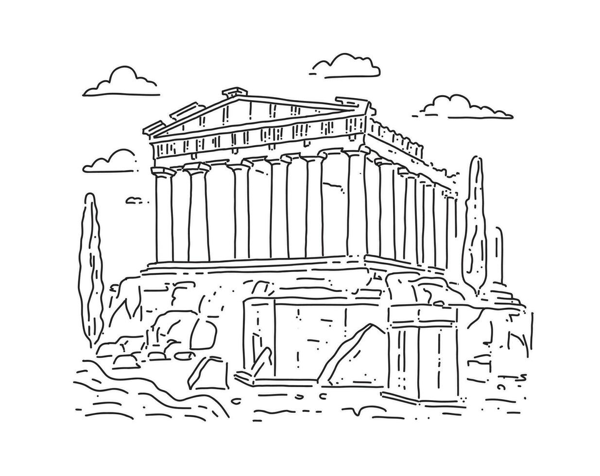 acrópolis en Atenas. griego punto de referencia. vector ilustración en garabatear estilo, lineal