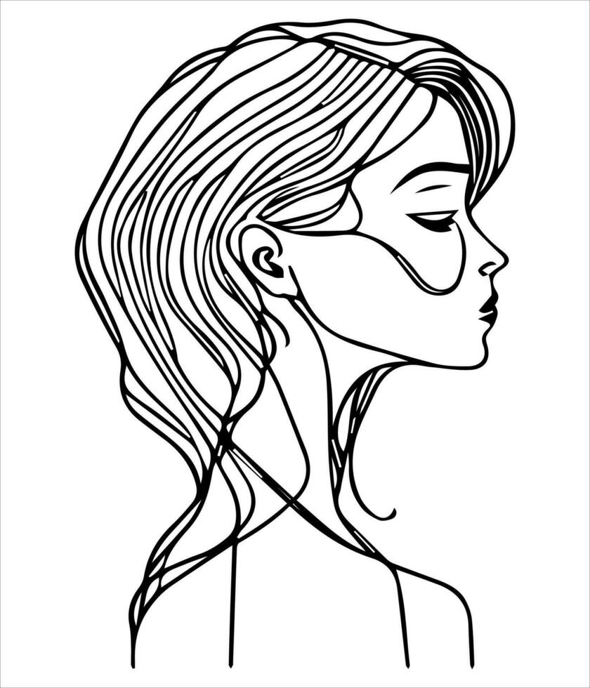 Vector illustration of a beautiful girl's face drawn with one black continuous line.