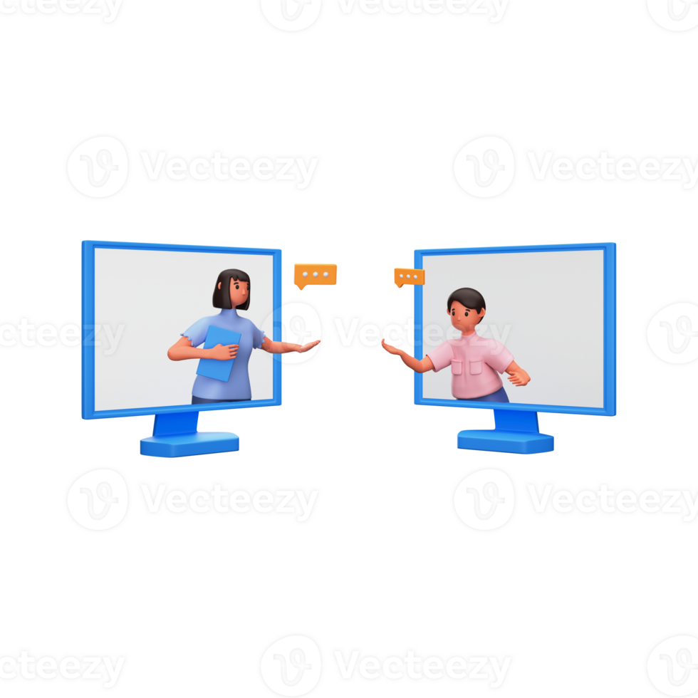 3D Render of Young Man And Woman Having Video Call Through Desktop png