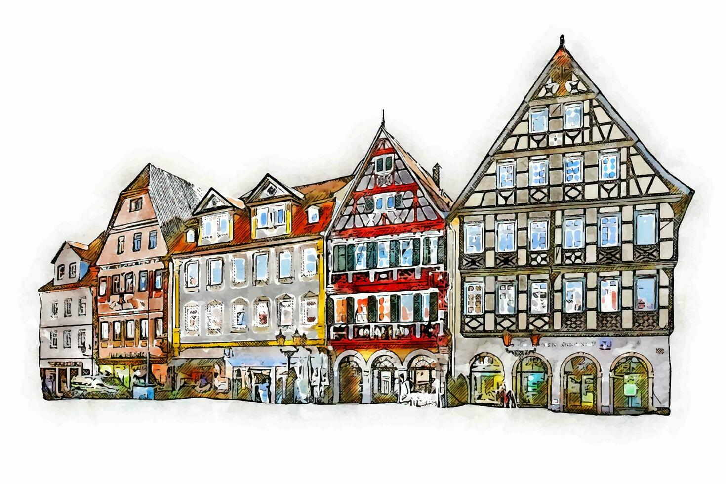 malo Mergentheim Alemania arquitectura acuarela bosquejo mano dibujado vector