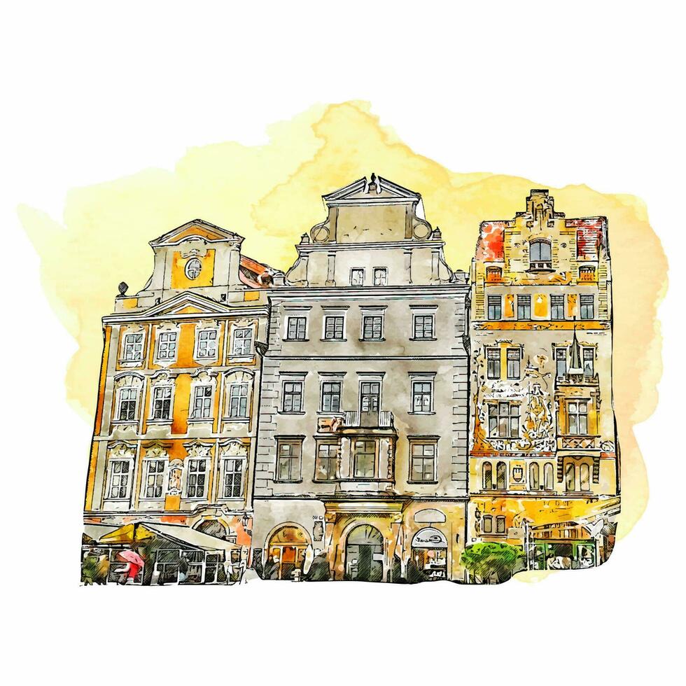 Architecture prague czech republic watercolor hand drawn illustration isolated on white background vector