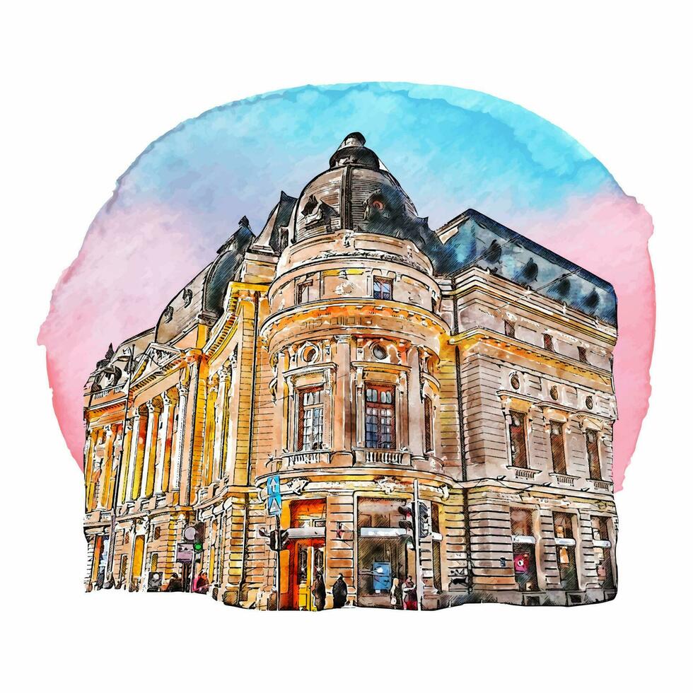 Architecture bucharest romania watercolor hand drawn illustration isolated on white background vector