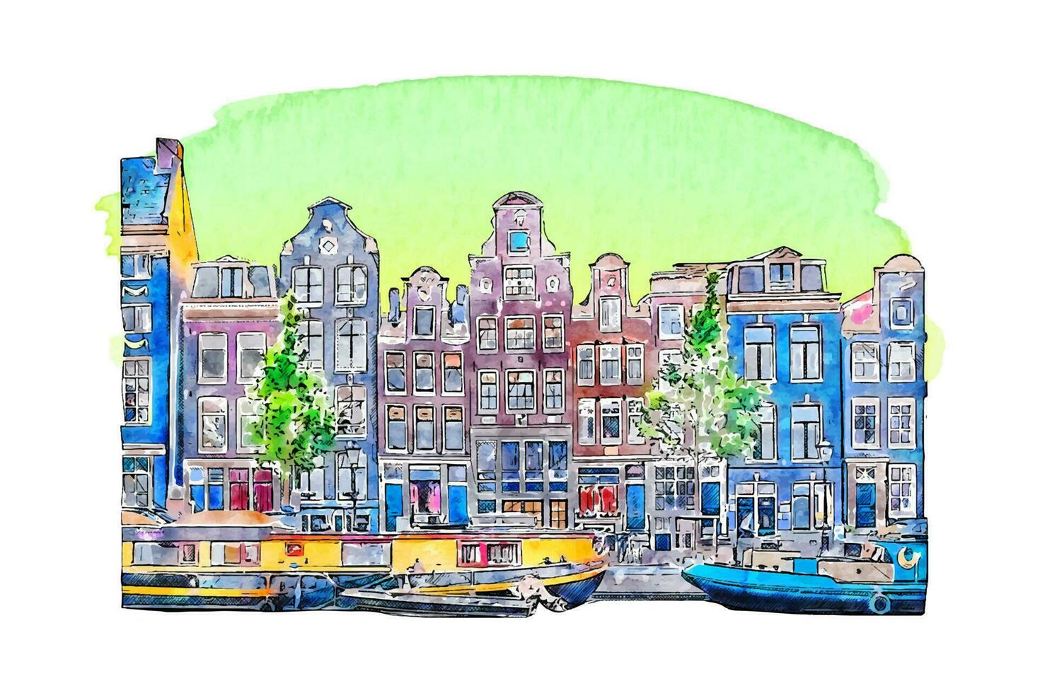 arquitectura Amsterdam Países Bajos acuarela mano dibujado ilustración aislado en blanco antecedentes vector