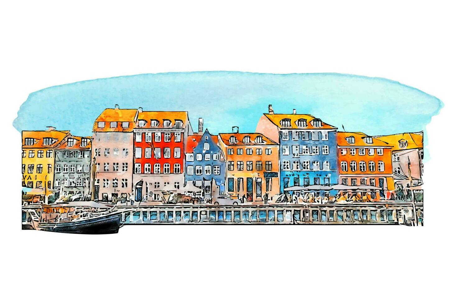 Copenhagen denmark watercolor hand drawn illustration isolated on white background vector