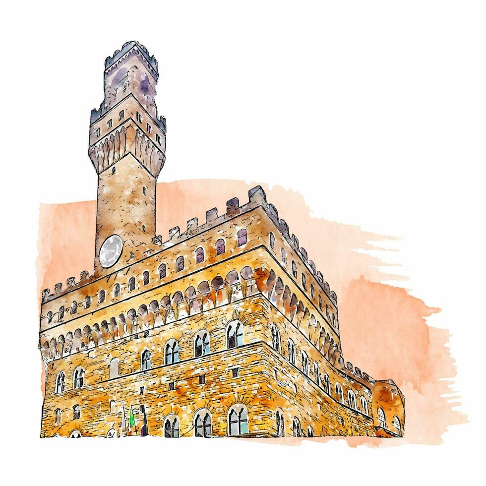 Architecture palazzo vecchio italy watercolor hand drawn illustration vector