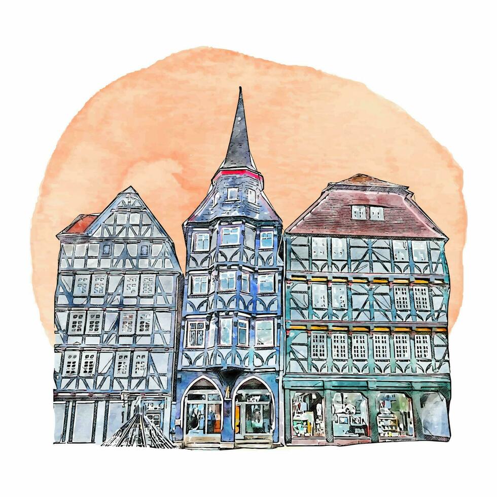 Architecture fritzlar germany watercolor hand drawn illustration isolated on white background vector