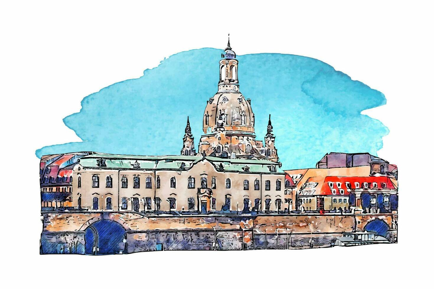 Architecture dresden germany watercolor hand drawn illustration isolated on white background vector