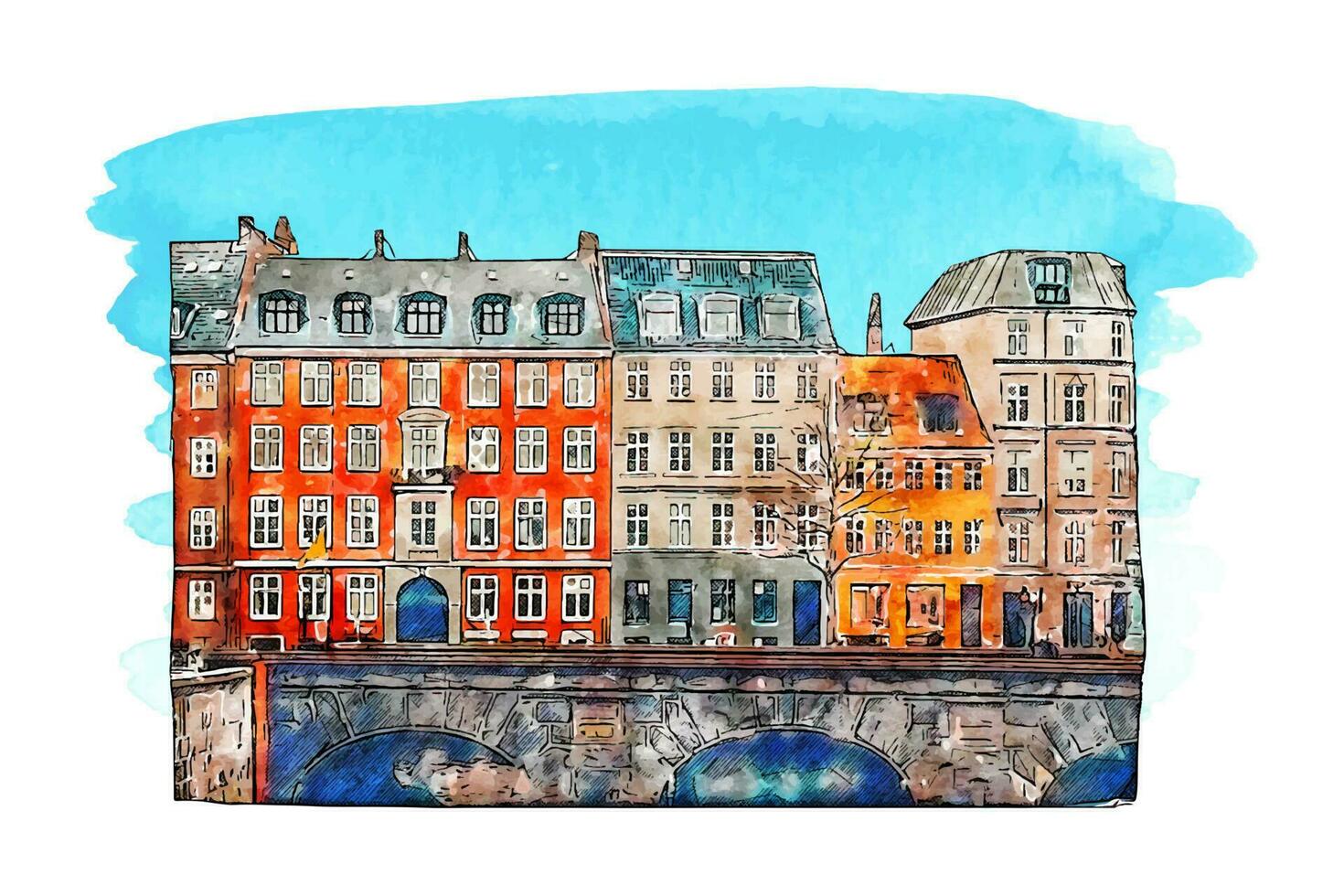 Architecture copenhagen denmark watercolor hand drawn illustration isolated on white background vector