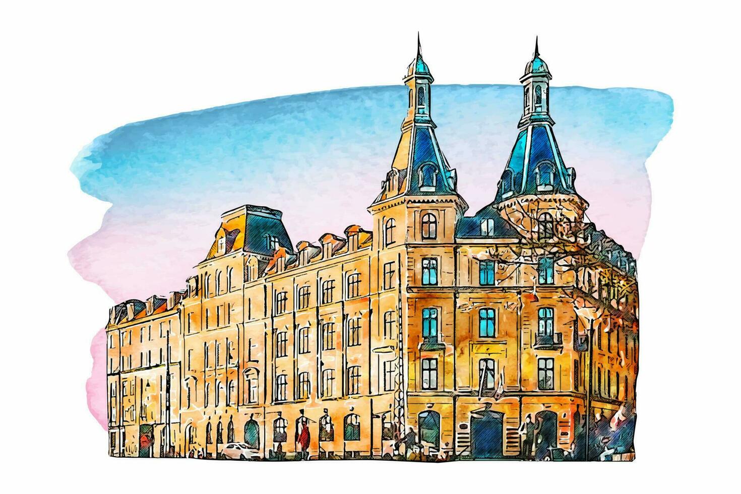 Architecture copenhagen denmark watercolor hand drawn illustration isolated on white background vector