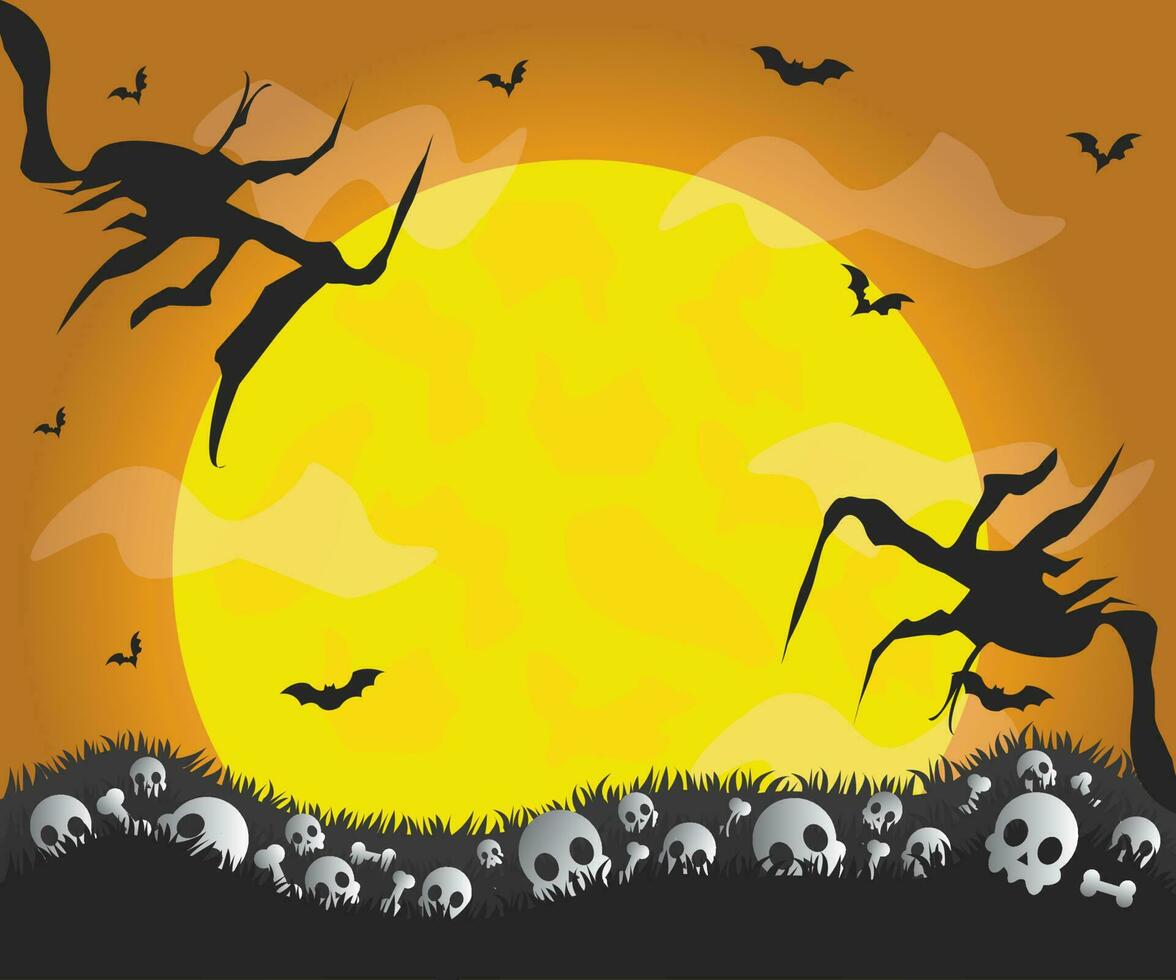 Halloween skull and bones with full moon background vector