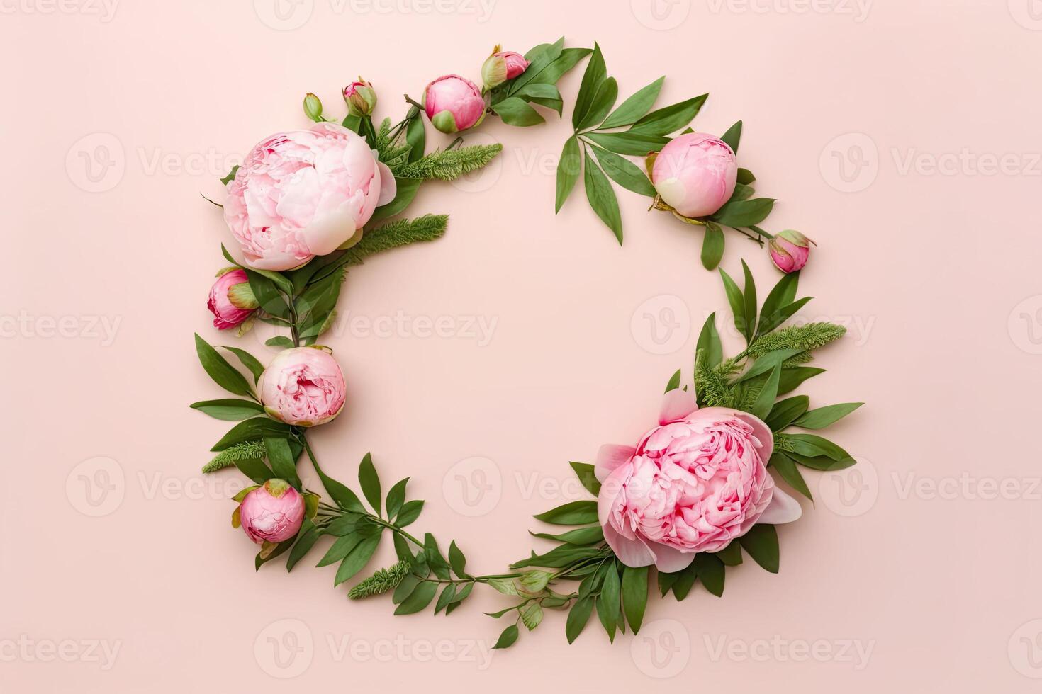 Floral round frame, wreath made of a lot of peonies flower buds and green leaves. photo