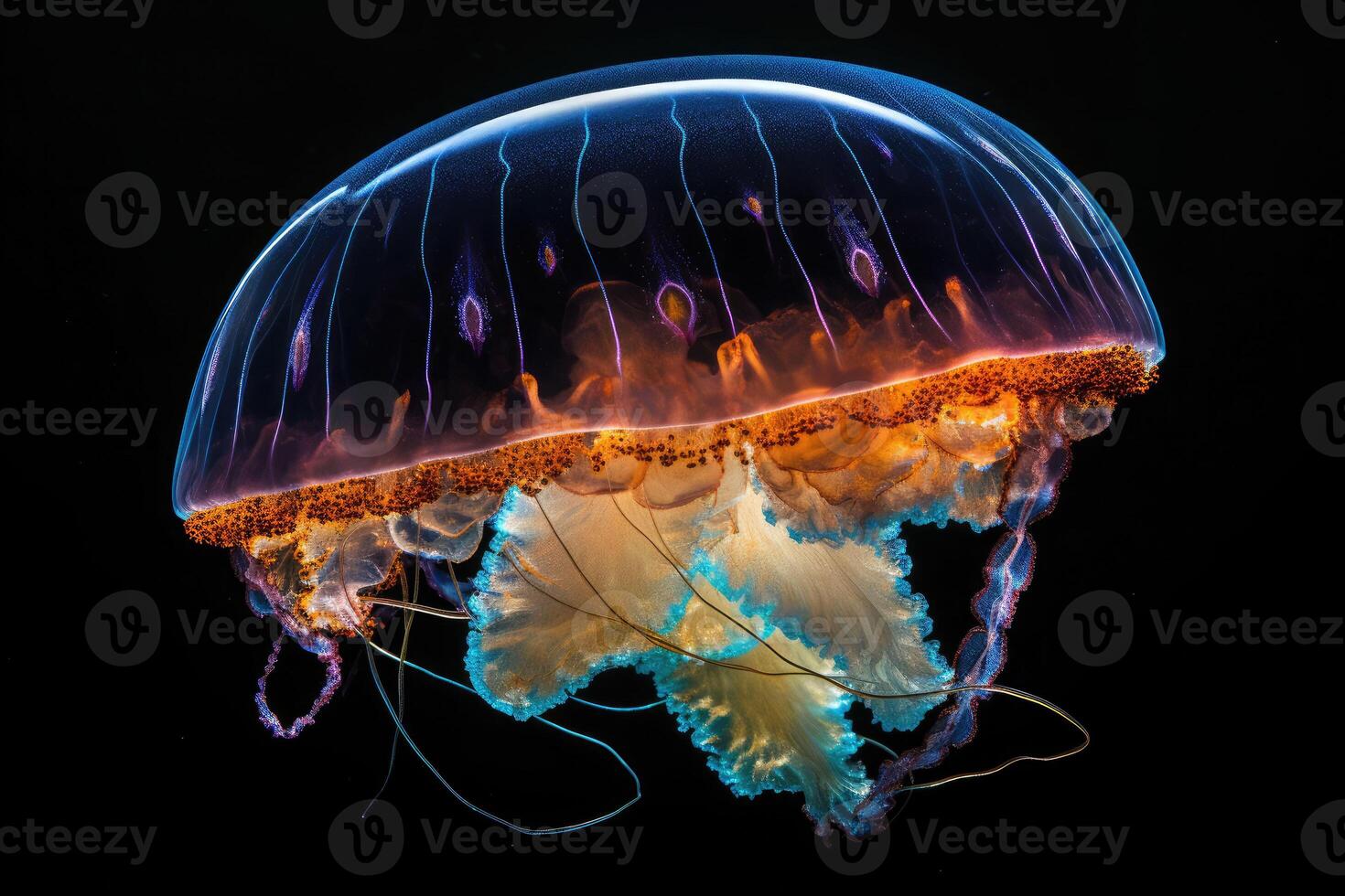 Jellyfishes swimming in the sea. Beautiful illuminated jellyfish. photo