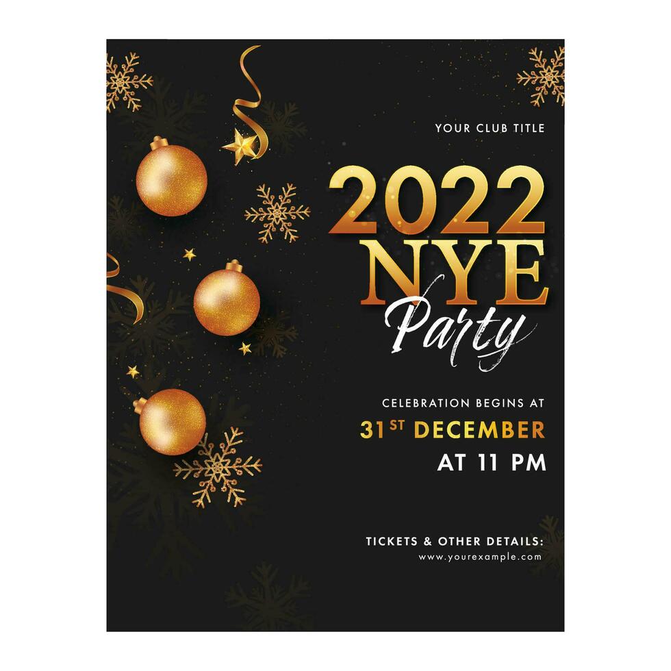 NYE Party Invitation Card With Bronze Baubles, Snowflakes And Golden Stars vector