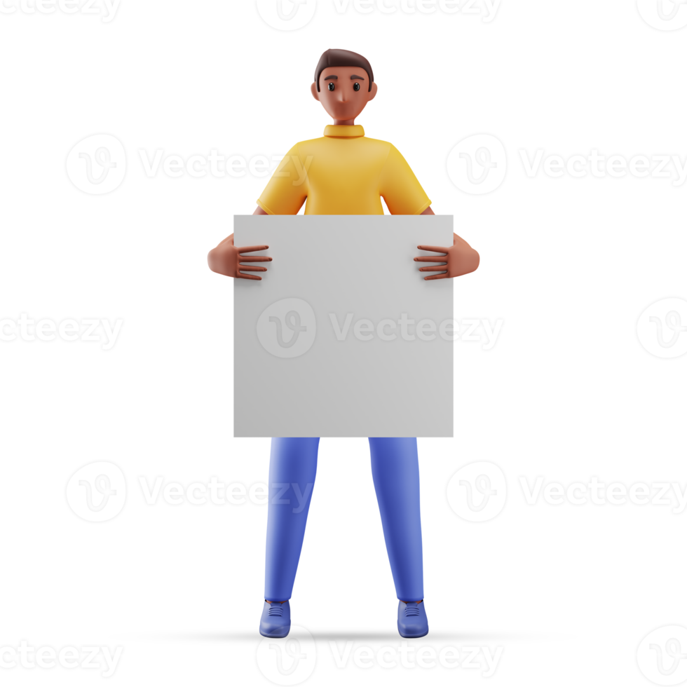 3D Render of Cartoon Young Man Holding Blank Paper Board png