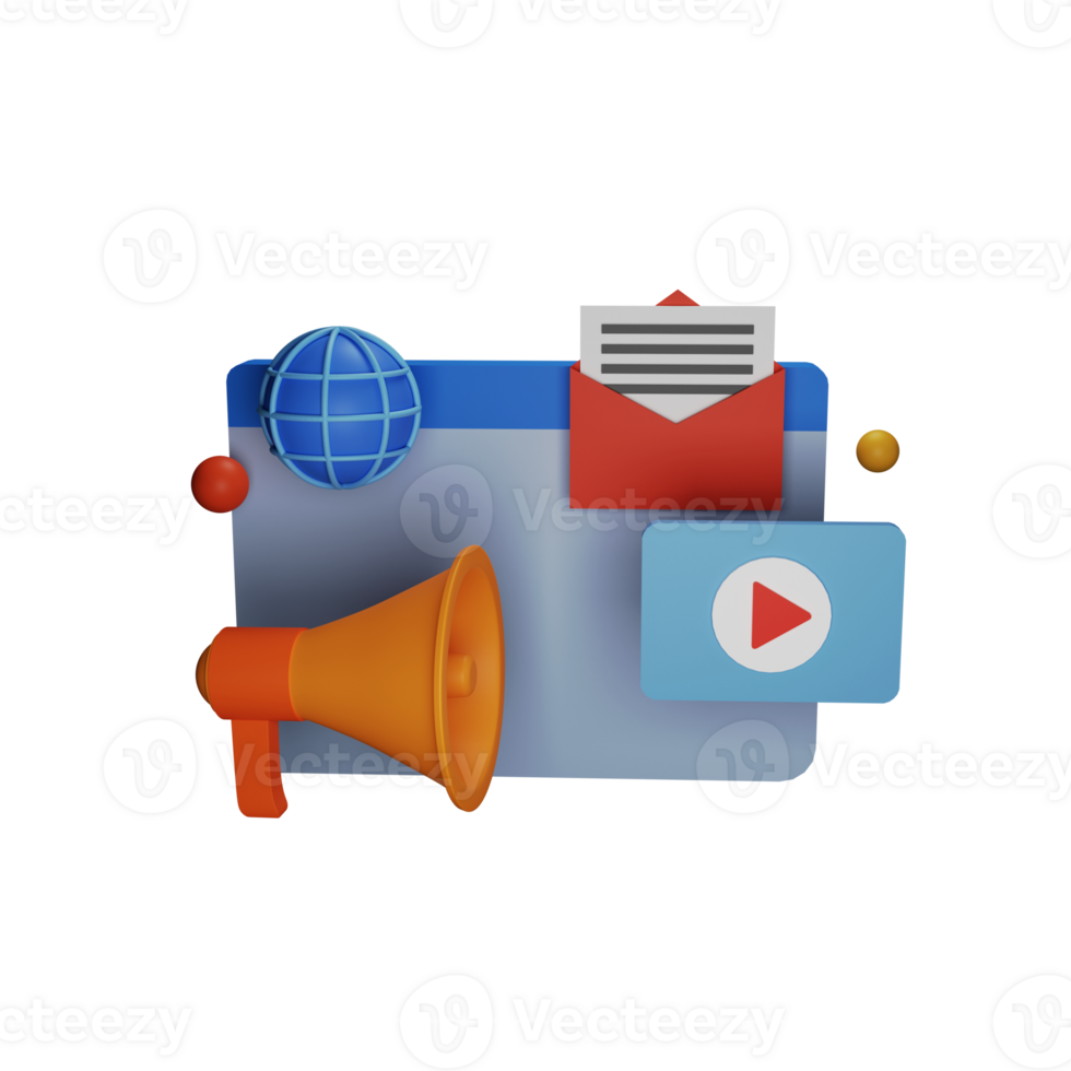 3D Render of Web Browser With Megaphone, Letter png