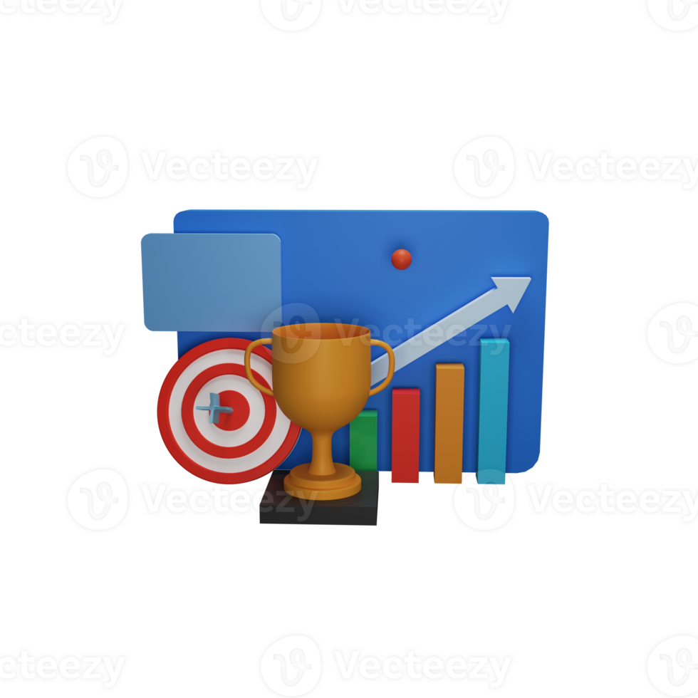 3D Render of Business Growth Graph With Dartboard And Trophy Cup png