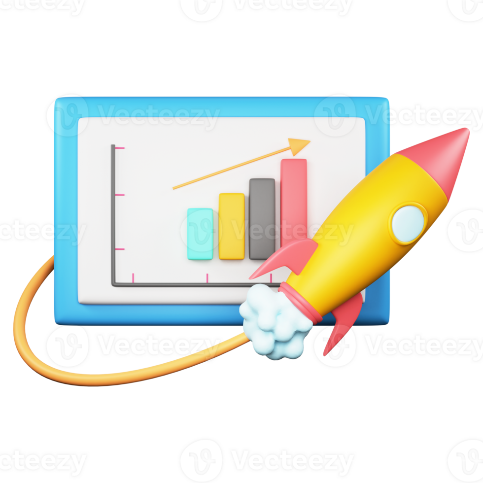 3D Rendering of Presentation Growth Bar Graph And Launching Rocket png