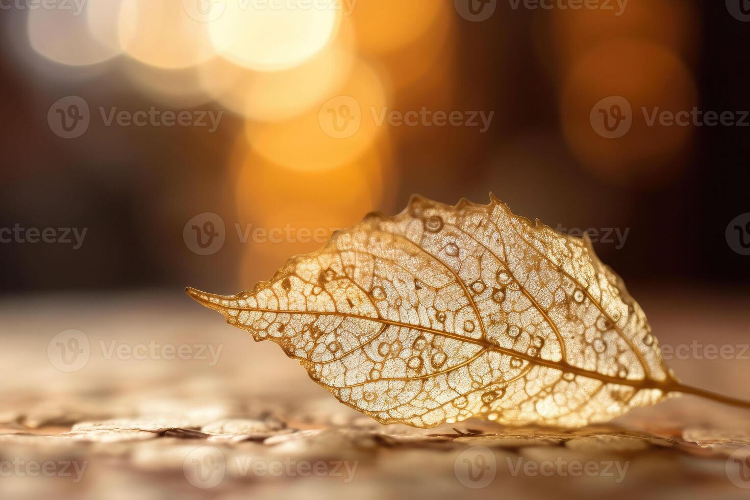 Close up white skeletonized leaf on golden background with round bokeh. photo