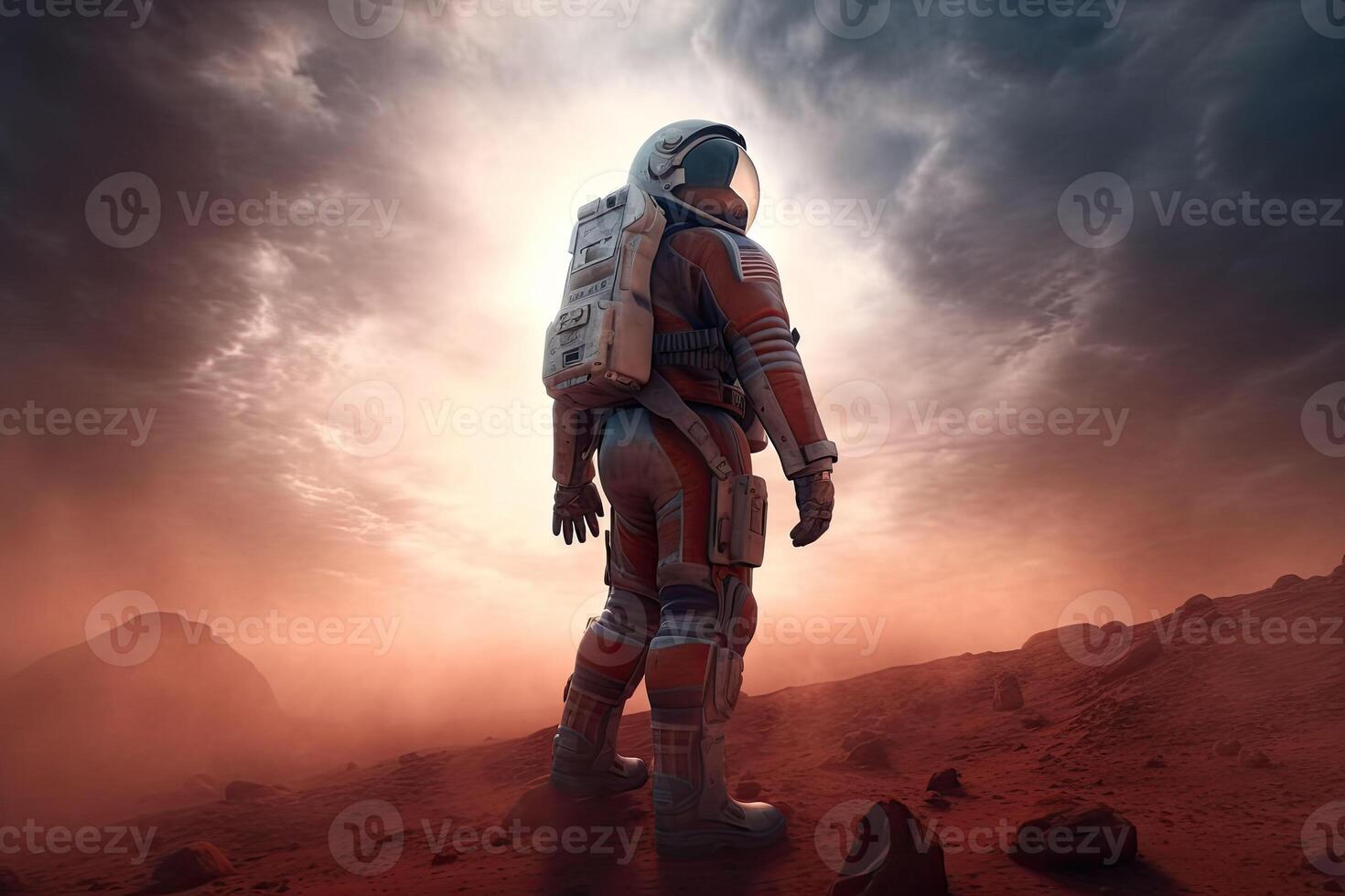 The astronaut in space suit walking on planet. Exploration of the planet's surface. photo