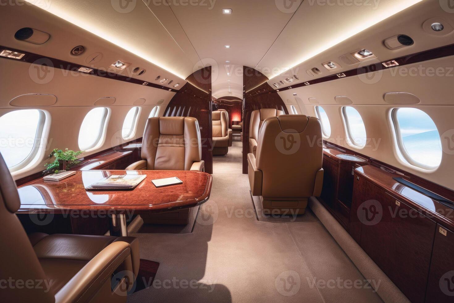 Luxury interior in the modern business jet and sunlight in the porthole. photo