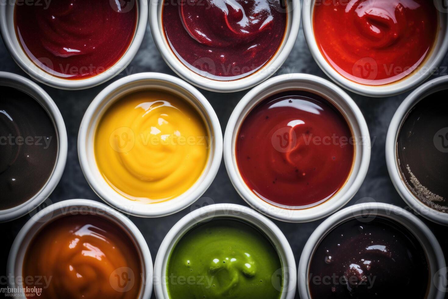 Set of different bowls of various dip sauces. Top view. photo