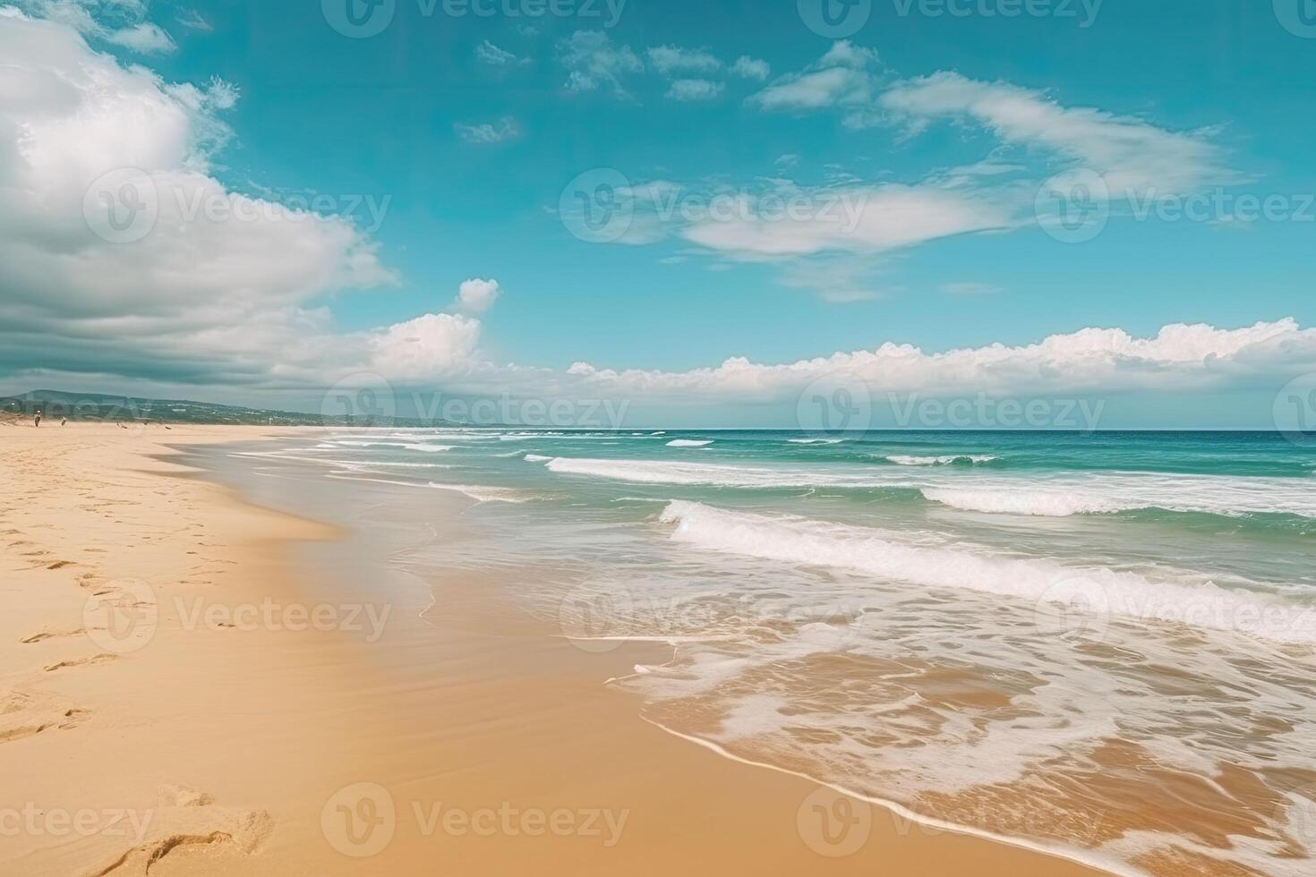 Tropical summer beach with golden sand, turquoise ocean and blue sky. photo