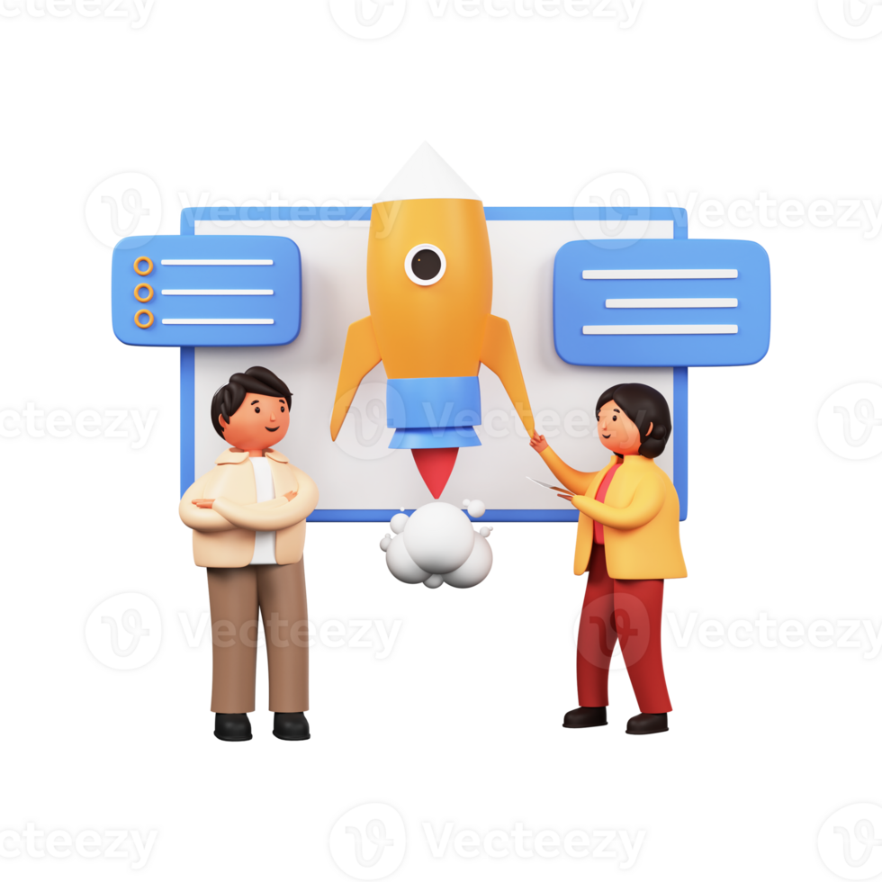 3D Render of Businessman And Woman Launching A Project of Rocket png