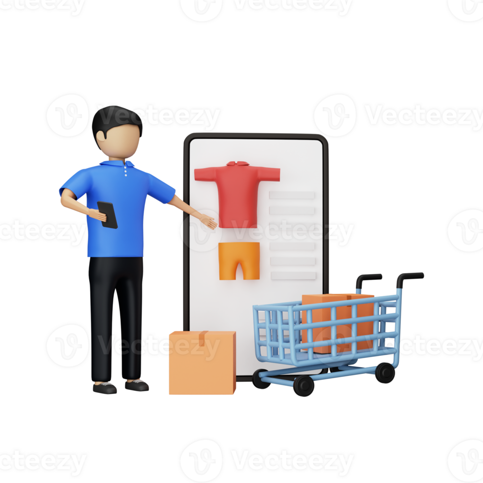 3D Faceless Man Having Online Shopping From Smartphone With Trolley, Parcel Boxes. png