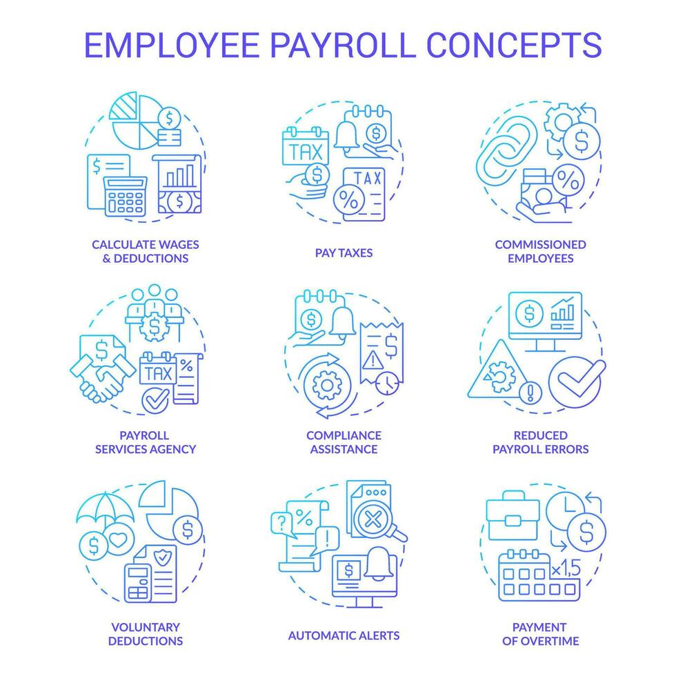 empleado nómina de sueldos azul degradado concepto íconos colocar. trabajador salario para trabajo. compensación idea Delgado línea color ilustraciones. aislado símbolos vector