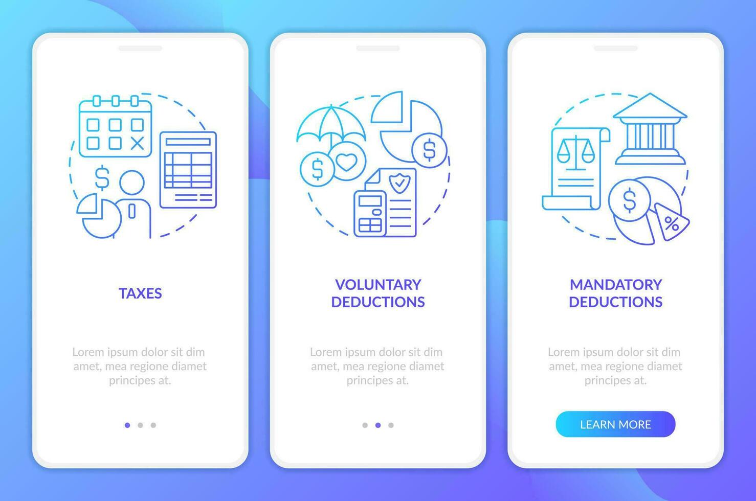 Payroll deductions types blue gradient onboarding mobile app screen. Withhold walkthrough 3 steps graphic instructions with linear concepts. UI, UX, GUI template vector
