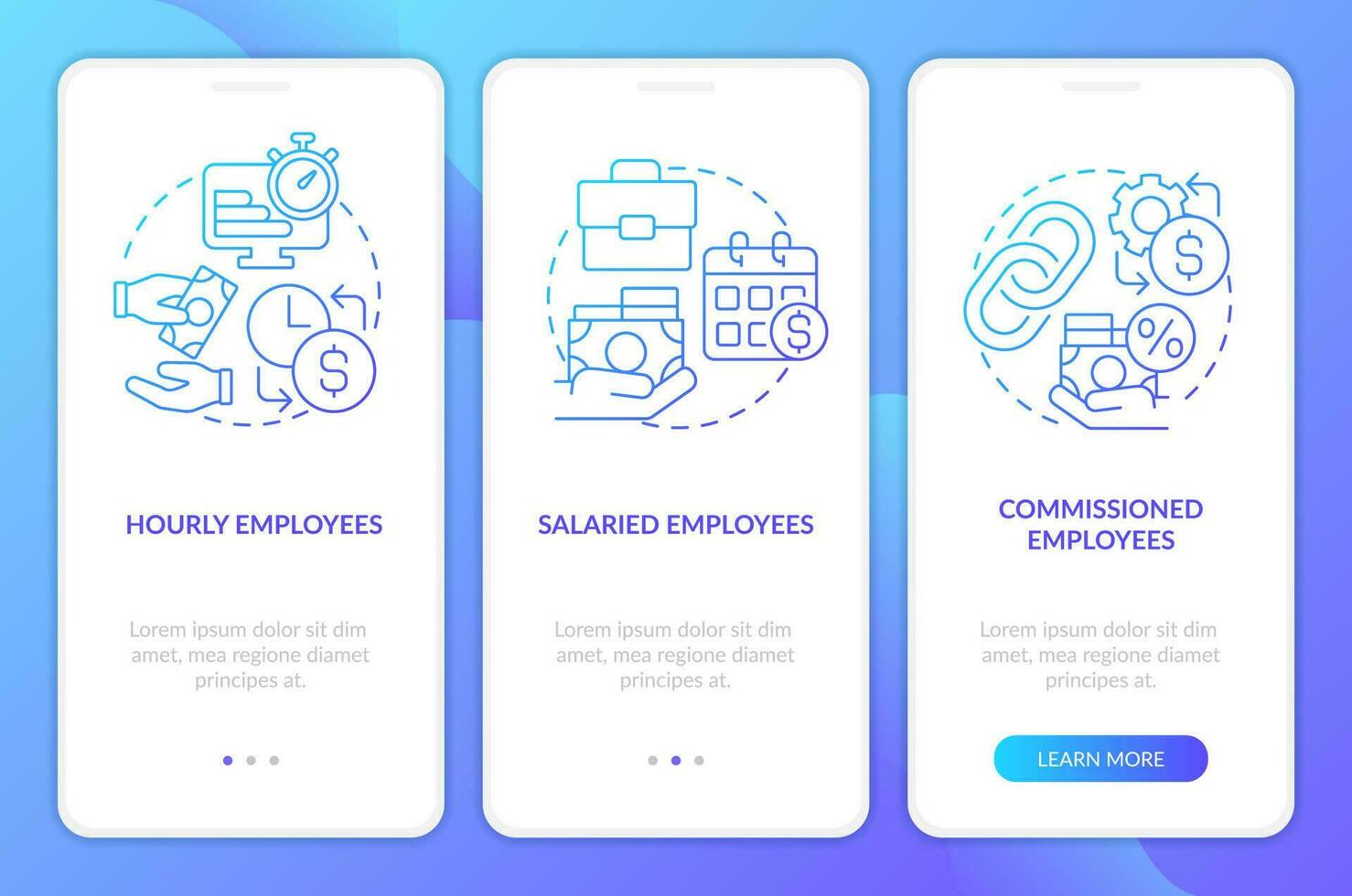 Payroll processing methods blue gradient onboarding mobile app screen. Wage walkthrough 3 steps graphic instructions with linear concepts. UI, UX, GUI template vector