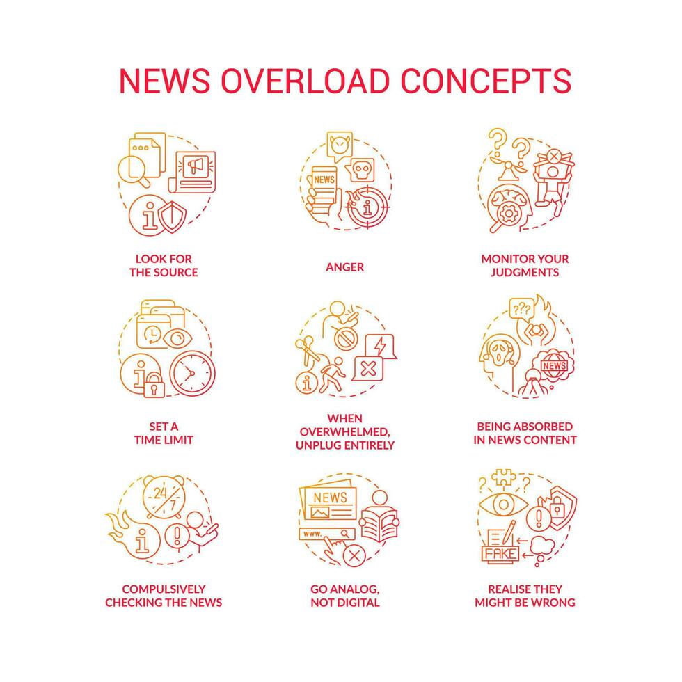 News overload red gradient concept icons set. Negative content. Media fatigue. Infoxication problems idea thin line color illustrations. Isolated symbols vector