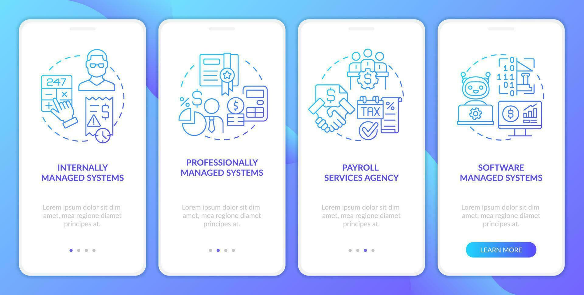 Types of payroll systems blue gradient onboarding mobile app screen. Salary walkthrough 4 steps graphic instructions with linear concepts. UI, UX, GUI template vector