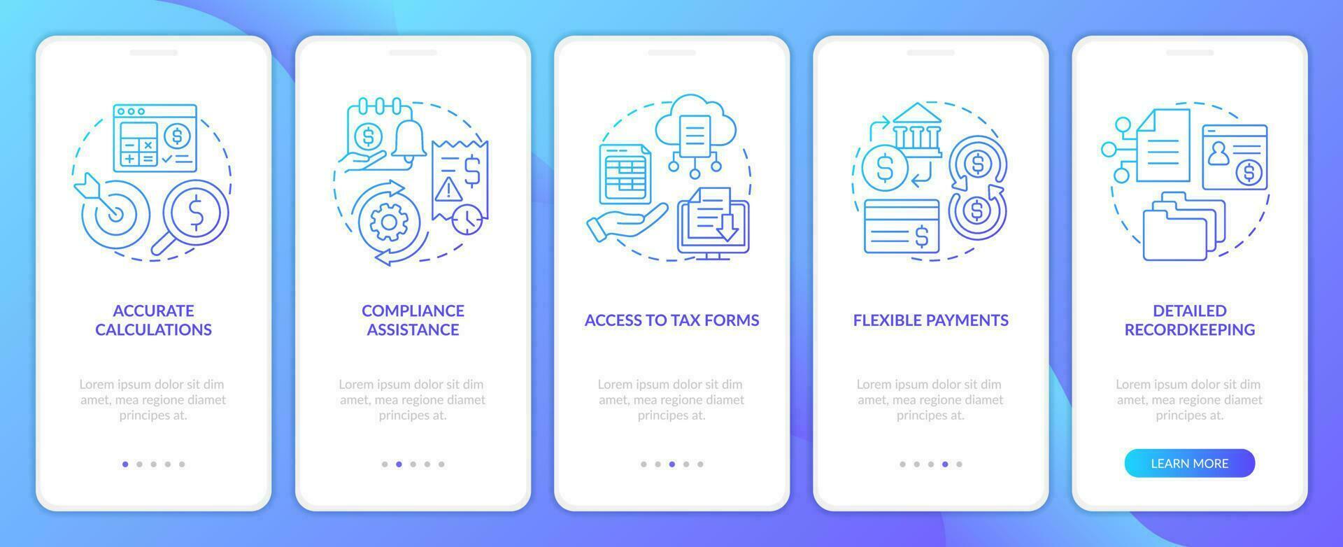Payroll management software pros blue gradient onboarding mobile app screen. Walkthrough 5 steps graphic instructions with linear concepts. UI, UX, GUI template vector