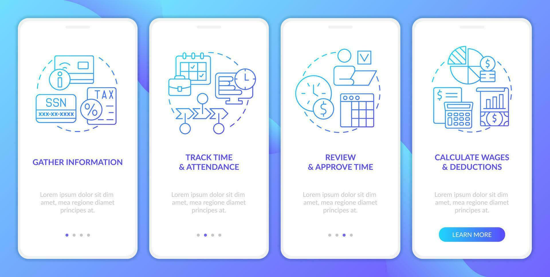 Payroll processing stages blue gradient onboarding mobile app screen. Wage walkthrough 4 steps graphic instructions with linear concepts. UI, UX, GUI template vector