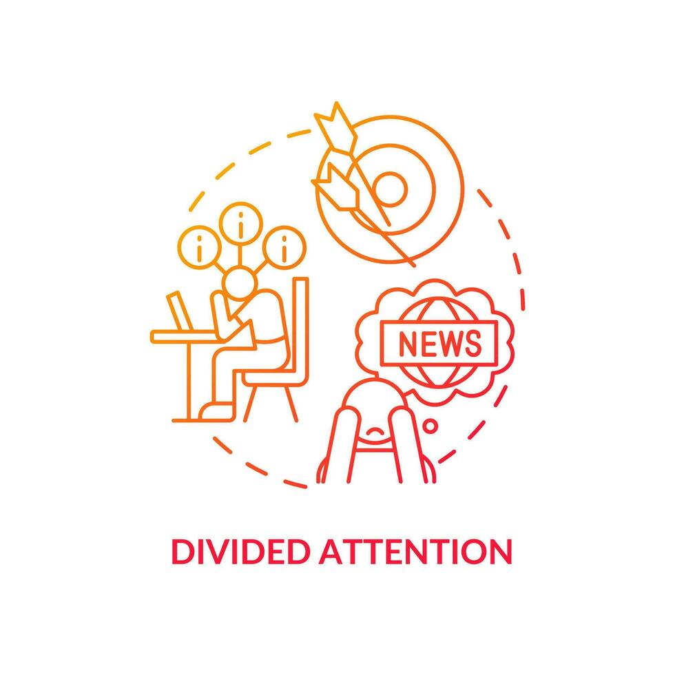 Divided attention red gradient concept icon. Infoxication issue. Media fatigue. Absorb too much information abstract idea thin line illustration. Isolated outline drawing vector