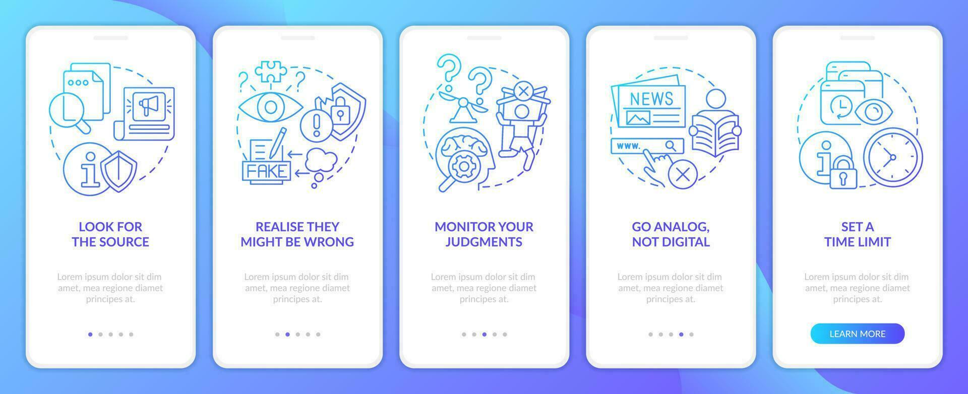 Reduce anxiety about news blue gradient onboarding mobile app screen. Walkthrough 5 steps graphic instructions with linear concepts. UI, UX, GUI template vector