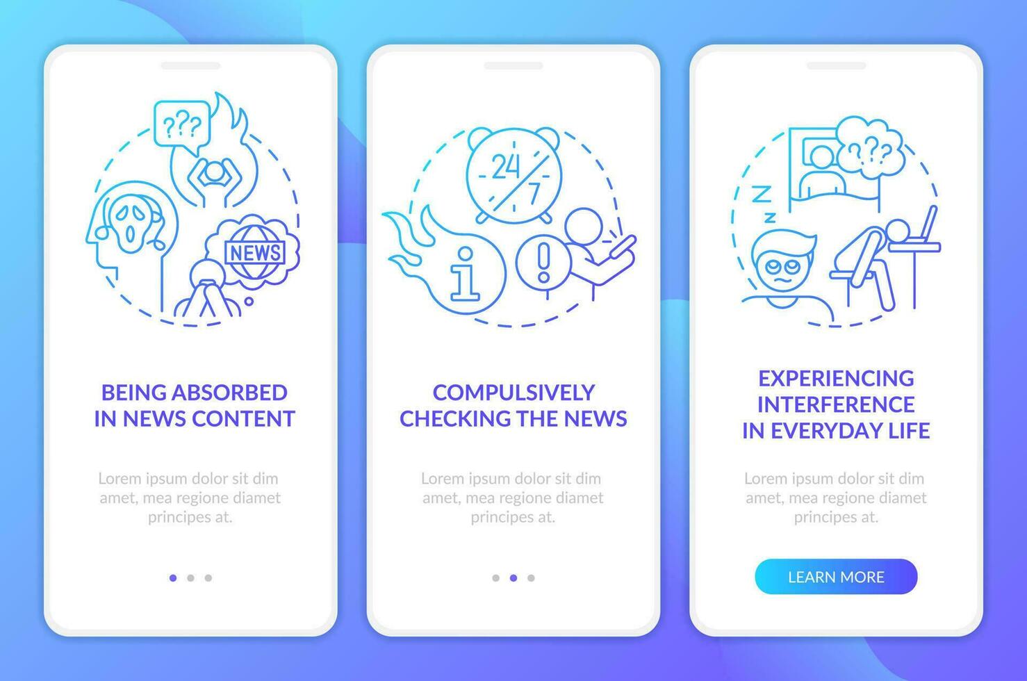 Information anxiety blue gradient onboarding mobile app screen. Walkthrough 3 steps graphic instructions with linear concepts. UI, UX, GUI template vector